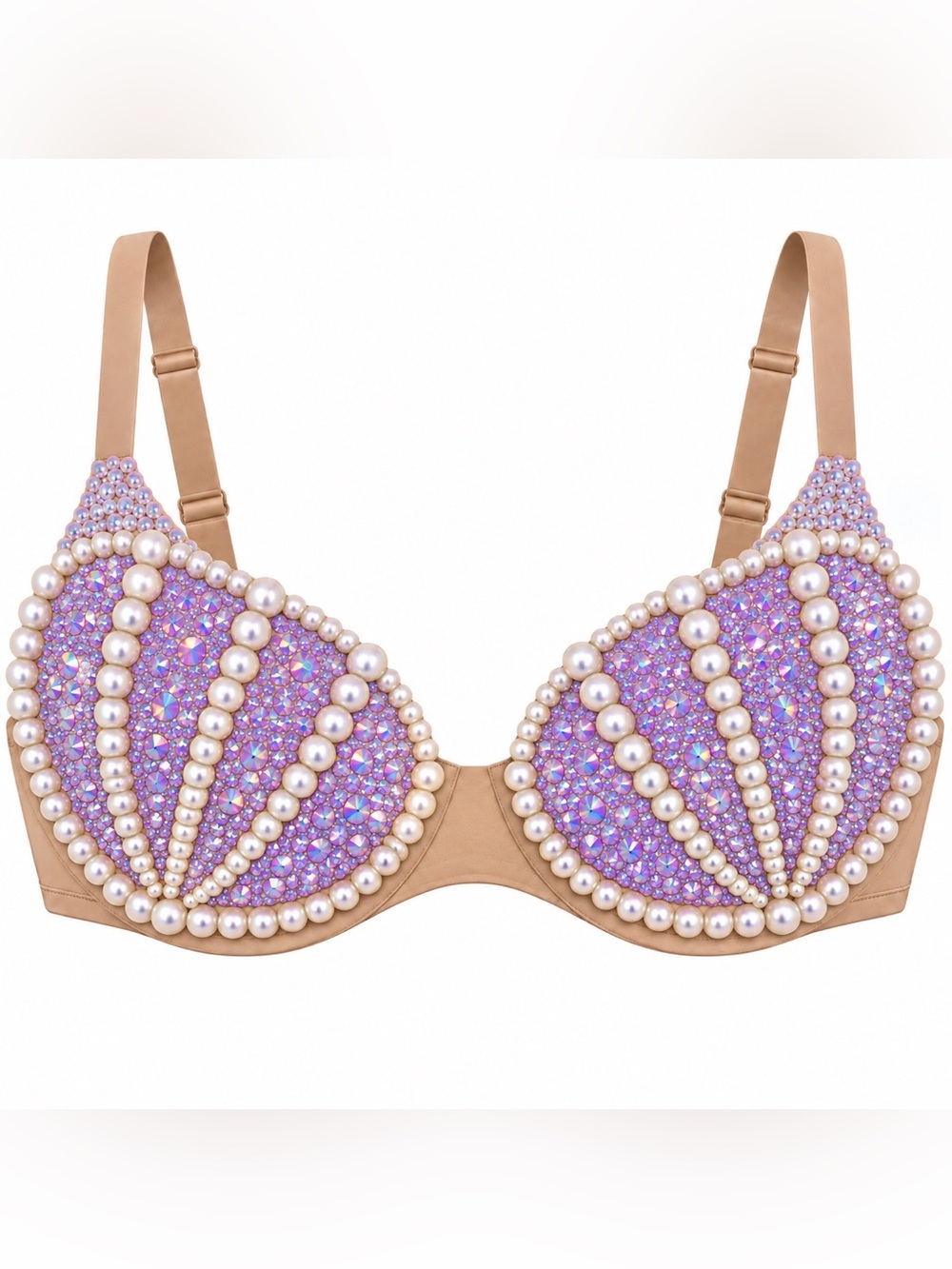 40C Mermaid Lilac Purple AB Design Rhinestone Crystal & Pearls Glam Bra New
